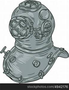 Drawing sketch style illustration of a copper and brass old school deep sea dive diving helmet or Standard diving helmet (Copper hat), worn mainly by professional divers engaged in surface supplied diving set on isolated white background. . Old School Diving Helmet Drawing