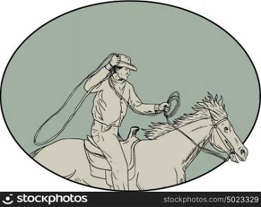 Drawing sketch style illustration of a cowboy holding lasso riding horse viewed from the side set inside oval shape.. Cowboy Riding Horse Lasso Oval Drawing