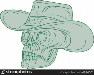 Drawing sketch style illustration of a cowboy skull chef cook wearing hat looking to the side set on isolated white background. . Cowboy Skull Drawing