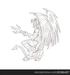 Drawing sketch style illustration of a demon, satan, devil or horned monster with bat wings holding a trident pitchfork viewed from side.. Demon Holding Pitchfork Drawing