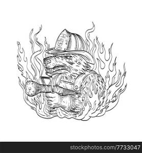 Drawing sketch style illustration of a dog or wolf fireman aiming a fire hose wearing a fire fighter hat with smoke and fire on isolated background in black and white tattoo style.. Dog or Wolf Fireman Aiming Fire Hose Wearing Firefighter Helmet with Smoke and Fire Tattoo Drawing Black and White
