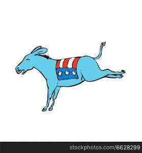 Drawing sketch style illustration of a donkey or jackass mascot with American USA stars and stripes flag on back kicking on isolated white background.. American Donkey Kicking Color Drawing