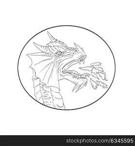 Drawing sketch style illustration of a dragon breathing fire viewed from side set inside oval shape done in black and white.. Dragon Fire Circle Drawing