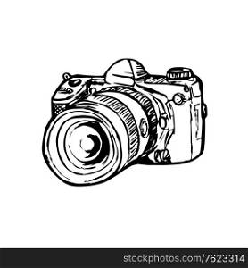 Drawing sketch style illustration of a dslr digital still image camera with zoom lens viewed from side on isolated white background in black and white.. DSLR Digital Still Image Camera with Zoom Drawing Side Black and White