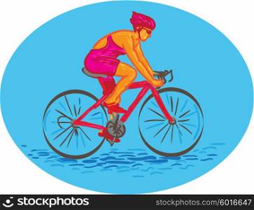 Drawing sketch style illustration of a female cyclist riding bike racing bicycle cycling biking viewed from side set inside oval shape on isolated background. . Female Cyclist Riding Bike Drawing