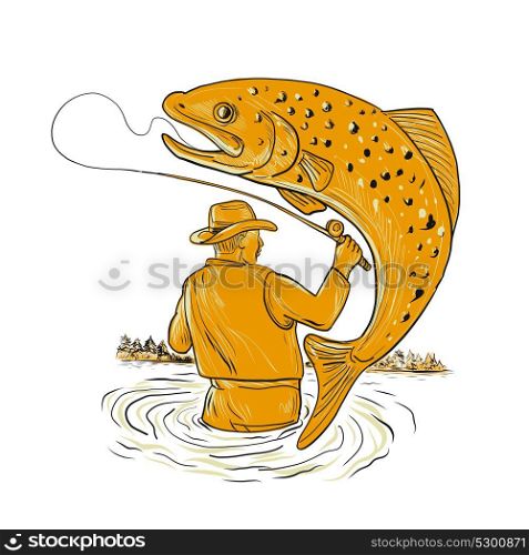Drawing sketch style illustration of a Fly Fisherman fishing Reeling a spotted brown Trout jumping viewed from rear on isolated background.. Fly Fisherman Reeling Trout Drawing
