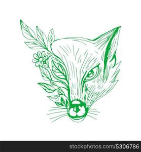 Drawing sketch style illustration of a Fox Head With Flower and Leaves viewed from front on isolated background.. Fox Head With Flower and Leaves Drawing