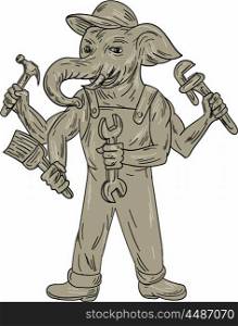 Drawing sketch style illustration of a ganesha elephant handyman holding tools viewed from front set on isolated white background. . Ganesha Elephant Handyman Tools Drawing