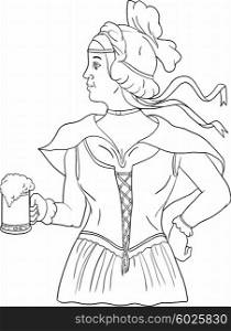 Drawing sketch style illustration of a German barmaid wearing medieval renaissance costume dress holding a beer mug viewed from side set on isolated white background. . German Barmaid Serving Beer Drawing
