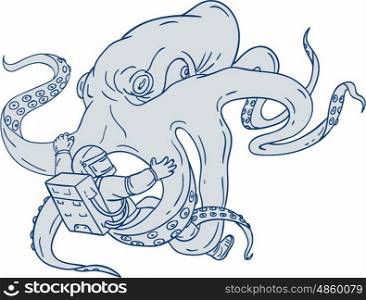 Drawing sketch style illustration of a giant octopus fighting an astronaut holding astronaut with it's tentacles set on isolated white background.