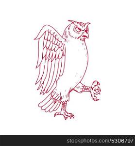 Drawing sketch style illustration of a Great Horned Owl Marching viewed from side on isolated background.. Great Horned Owl Marching Drawing