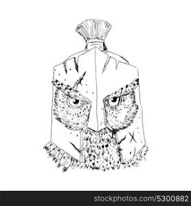 Drawing sketch style illustration of a Great Horned Owl wearing Spartan cracked battle-worn Helmet viewed from front done in black and white.. Horned Owl Spartan Helmet Drawing