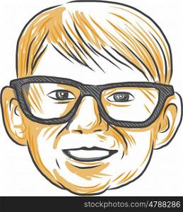 Drawing sketch style illustration of a head of a caucasian boy wearing glasses smiling viewed from front set on isolated white background done. . Caucasian Boy Glasses Head Smiling Drawing
