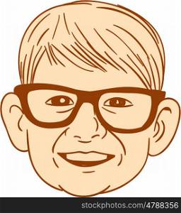 Drawing sketch style illustration of a head of a caucasian boy wearing big glasses smiling viewed from front set on isolated white background done. . Head Caucasian Boy Smiling Big Glasses Drawing