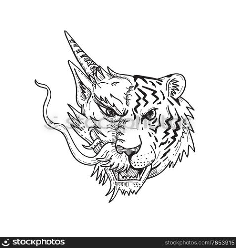 Drawing sketch style illustration of a head of a half Chinese dragon half Bengal tiger viewed from front on isolated white background done in black and white.. Head of a Half Chinese Dragon Half Bengal Tiger Front View Drawing