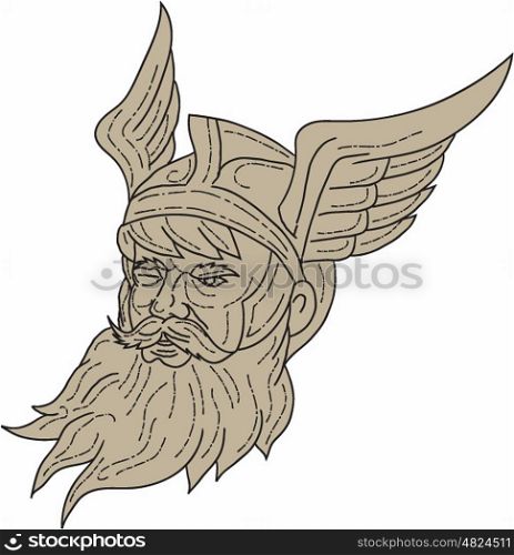 Drawing sketch style illustration of a head of Norse mythology god, Odin with beard, hat and blind on one eye viewed from front set on isolated white background done in retro style.