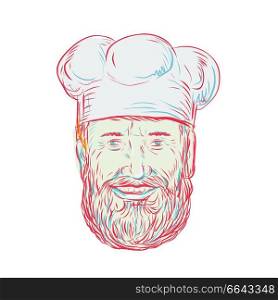 Drawing sketch style illustration of a hipster baker, cook, chef, food worker wearing a beard viewed from front on isolated white background.. Hipster Baker Cook Chef Head