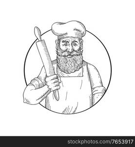 Drawing sketch style illustration of a hipster baker with full beard holding a rolling pin viewed from front on isolated white background done in black and white.. Hipster Baker with Full Beard Holding a Rolling Pin Front View Drawing Black and White