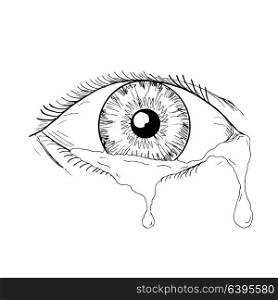 Drawing sketch style illustration of a human eye crying and blinking with tears flowing isolated on white background.. Human Eye Crying Tears Flowing Drawing