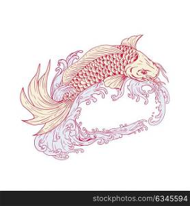 Drawing sketch style illustration of a Koi or nishikigoi, fish of colored varieties of Amur carp, jumping over waves on isolated background.. Nishikigoi Koi Jumping Waves Drawing
