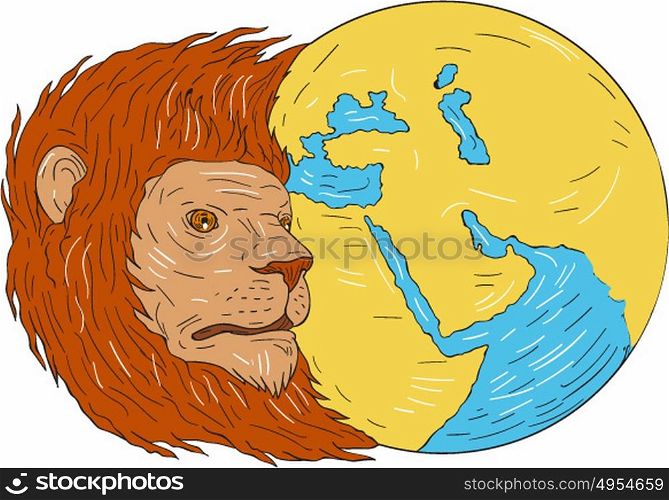 Drawing sketch style illustration of a lion head with flowing mane looking to the side with middle east and asia map globe set on isolated white background. . Lion Head Middle East Asia Map Globe Drawing