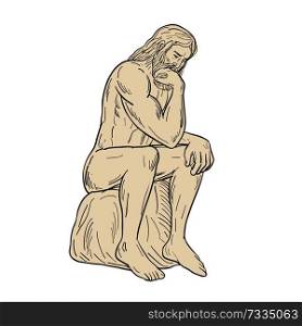 Drawing sketch style illustration of a man or thinker with full beard sitting down thinking on isolated white background.. Man With Beard Sitting Thinking Drawing