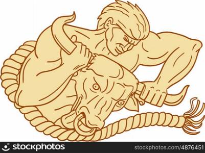 Drawing sketch style illustration of a man taking bull by its horns entwined with rope viewed from front set on isolated white background. . Man Taking Bull By Horns Drawing