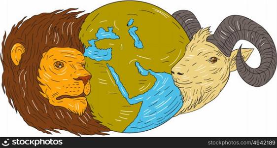 Drawing sketch style illustration of a map globe showing europe, middle east and africa in between the heads of a lion and goat set on isolated white background. . Lion Goat Head Middle East Map Globe Drawing