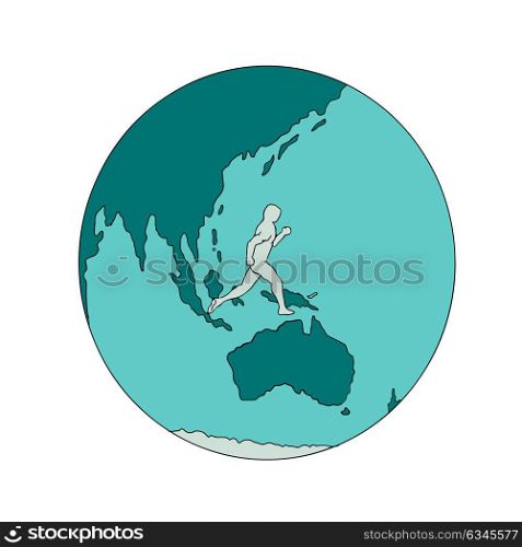 Drawing sketch style illustration of a marathon runner running around the world on isolated background.. Marathon Runner Around World Drawing