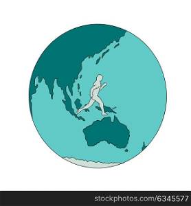 Drawing sketch style illustration of a marathon runner running around the world on isolated background.. Marathon Runner Around World Drawing