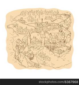 Drawing sketch style illustration of a medieval fantasy map, cartography showing castle, village, church, tower, mountains and trees.. Medieval Fantasy Map Drawing
