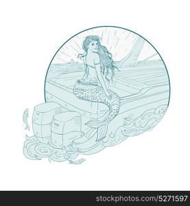 Drawing sketch style illustration of a Mermaid siren Sitting on Boat transom set inside circle on isolated background.. Mermaid Sitting on Boat Drawing