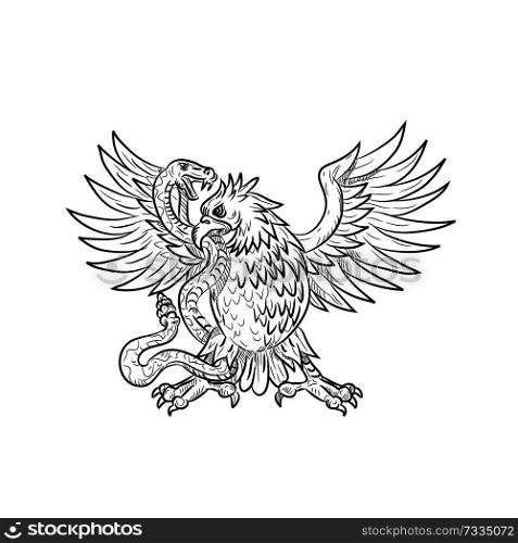 Drawing sketch style illustration of a Mexican eagle, golden eagle or northern crested caracara fighting a rattlesnake, viper, snake or serpent in black and white on isolated background.. Mexican Eagle Fighting Rattlesnake Drawing Black and White