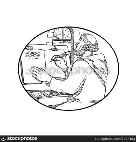 Drawing sketch style illustration of a monastic medieval monk writing illuminated manuscript inside European monastery or scriptorium set inside oval on isolated white background in black and white.. Monastic Monk Writing Illuminated Manuscript Drawing Black and White