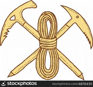Drawing sketch style illustration of a mountain climbing pick axe crossed with rope viewed from front set on isolated white background. . Mountain Climbing Pick Axe Rope Crossed Drawing