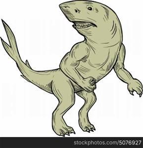 Drawing sketch style illustration of a Nanaue, a mythical creature in Hawaiian Folklore of a humanoid shark with arms and legs looking to the side viewed from front set on isolated white background.