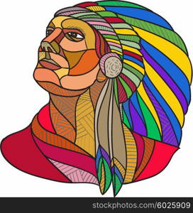 Drawing sketch style illustration of a native american indian chief warrior with headdress looking to the side set on isolated white background.. Native American Indian Chief Headdress Drawing