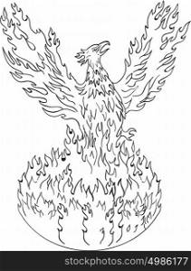 Drawing sketch style illustration of a phoenix rising up from fiery flames, wings raised for flight done in black and white set on isolated white background.