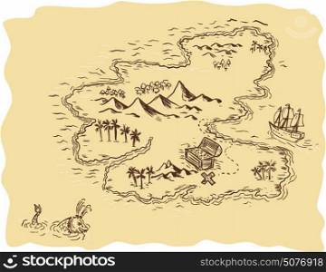 Drawing sketch style illustration of a pirate treasure map showing a treasure chest with x mark the sport and sailing ship and sea serpent in background. . Pirate Treasure Map Sailing Ship Drawing