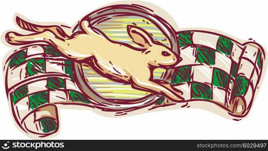 Drawing sketch style illustration of a rabbit jumping viewed from the side with racing flag in the background on isolated white background.. Rabbit Jumping Racing Flag Drawing