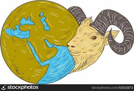 Drawing sketch style illustration of a ram head looking to the side with globe map showing middle east. . Ram Head Middle East Globe Drawing