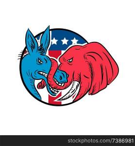 Drawing sketch style illustration of a Republican donkey biting a Democrat elephant fighting with USA American stars and stripes flag set inside circle on isolated white background.. Donkey Biting Elephant Trunk American Flag Drawing