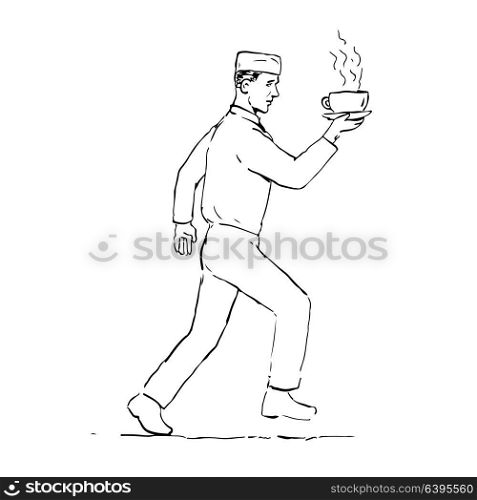 Drawing sketch style illustration of a retro styled waiter running and serving a hot cup of coffee viewed from side on isolated background.. Retro Waiter Running Serving Coffee Drawing