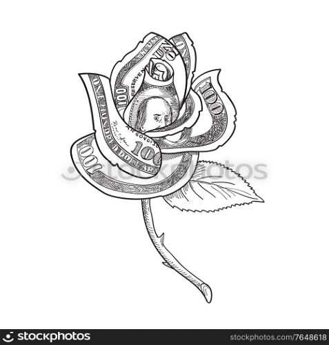 Drawing sketch style illustration of a rose flower with money or US one hundred dollar note bill printed on petals with leaf and thorny stem on isolated white background in black and white.. Rose Flower with Money or US One Hundred Dollar Note Bill Printed on Petals Drawing Black and White