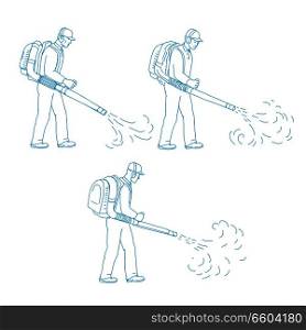 Drawing sketch style illustration of a sequence of gardener with leaf blower or blower vac blowing side to side on isolated background.. Gardener Leaf Blower Drawing