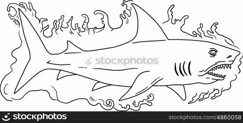 Drawing sketch style illustration of a shark swimming in water viewed from the side set on isolated white background.. Shark Water Side Drawing