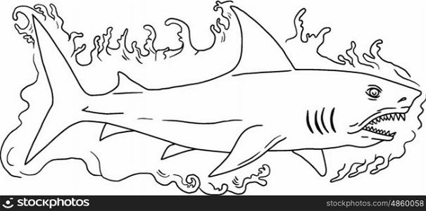 Drawing sketch style illustration of a shark swimming in water viewed from the side set on isolated white background.. Shark Water Side Drawing