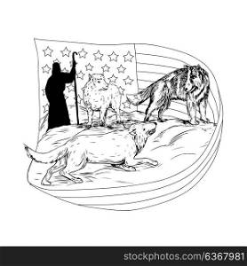 Drawing sketch style illustration of a sheepdog or border collie defend a lamb from being attacked and preyed on by lamb with American stars and stripes flag and shepherd in bakcground.. Sheepdog Defend Lamb from Wolf Drawing