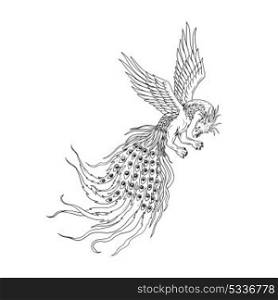 Drawing sketch style illustration of a Simorg,Simurgh, simorg, simurg, simoorg, simorq or simourv, a mythical bird in Iranian Persian mythology that has a head of a wolf, with beak of eagle, legs of lion and tail of a peacock.. Simorgh or Simurgh Flying Drawing