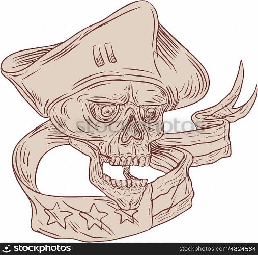 Drawing sketch style illustration of a skull patriot wearing hat viewed from front with ribbon and flag set on isolated white background. . Skull Patriot Ribbon Flag Drawing